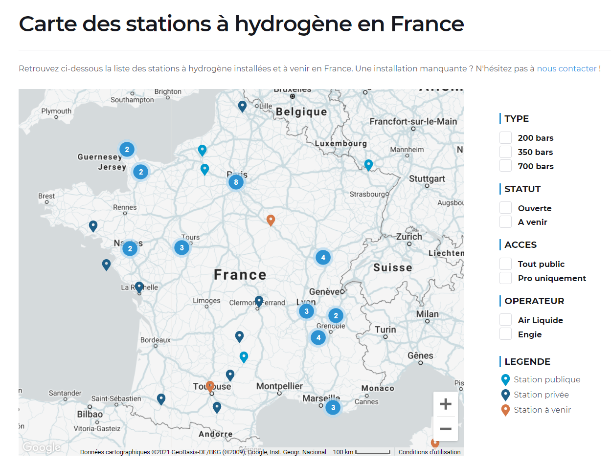 Carte des stations à hydrogène en France