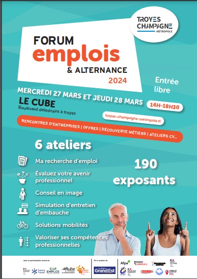 Forum Emplois et Alternance 2024 au Cube de Troyes les 27 et 28 mars 2024