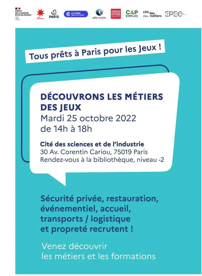 Forum « Tous prêts à Paris pour les Jeux- Découvrons les métiers des JOP » Cité des sciences et de l’Industrie, 25 octobre 2022, Paris