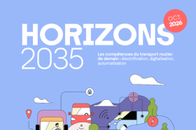 couverture bleue avec le titre Horizons 2035 : les compétences du transport routier de marchandises de demain