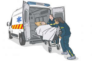 Ambulanciers en train de monter un patient dans leur véhicule